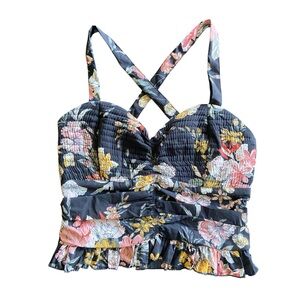 NWT BOG Collective Women’s Ruffle Floral Boho Black Pink Crop Tank Top Size XS